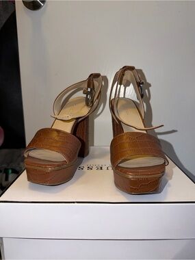 Guess Brown Croc-Embossed Platform Block Heel Sandals